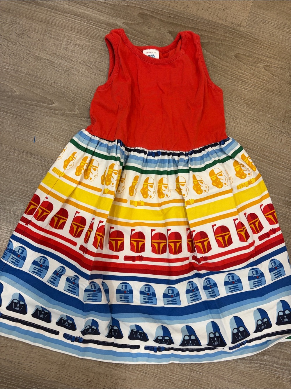 Hanna Andersson Red Tank Dress with Multi-Color Character Stripe Skirt